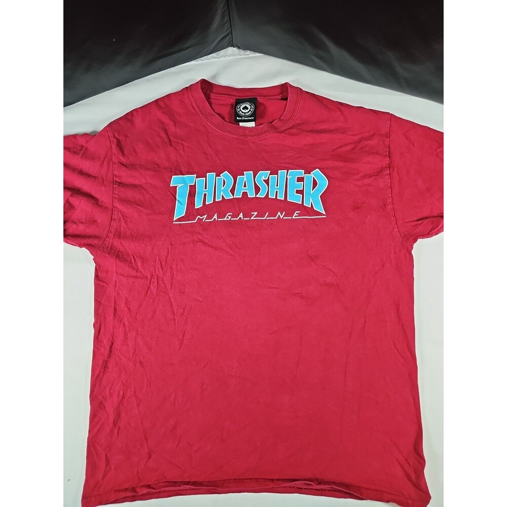Y2K Thrasher Magazine Skateboards Shirt Mens L  Red Blue Retro Spell Out Skater